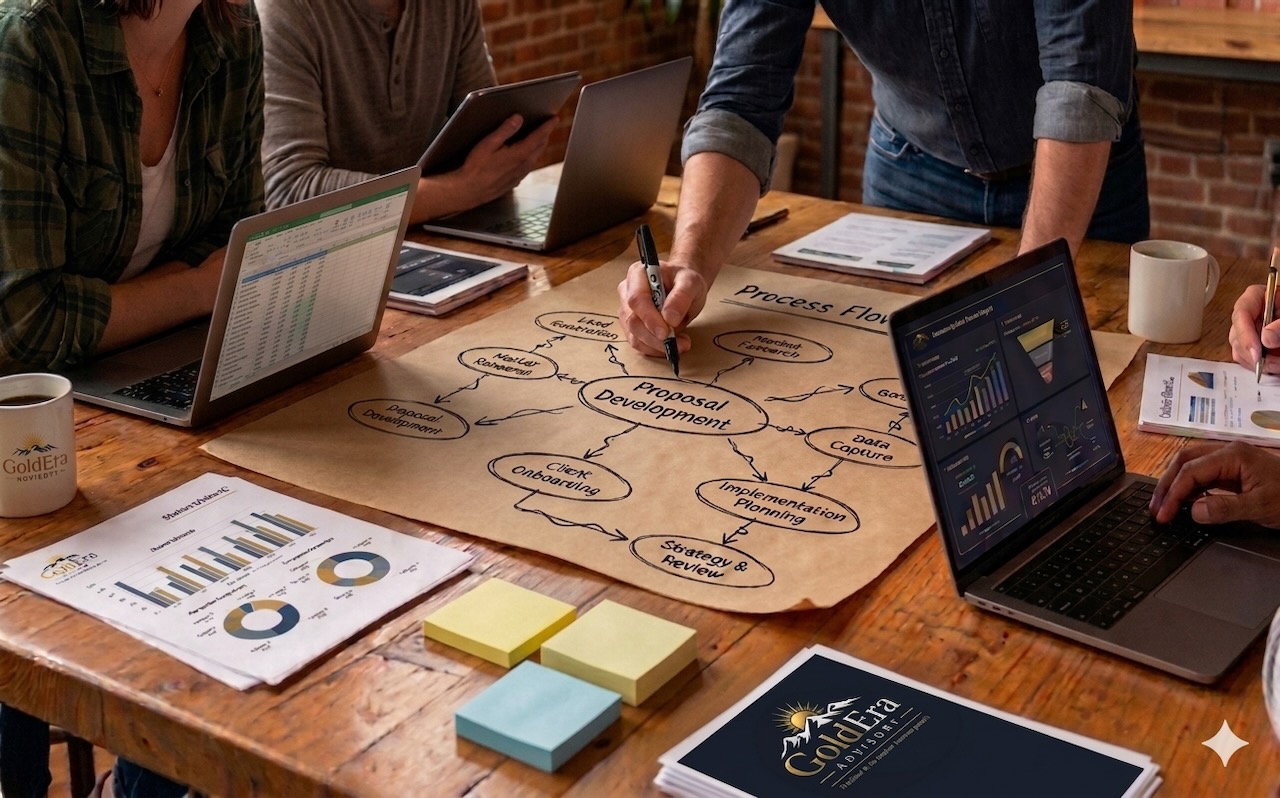 A GoldEra team working session — laptops and a process-flow plan sketched on butcher paper