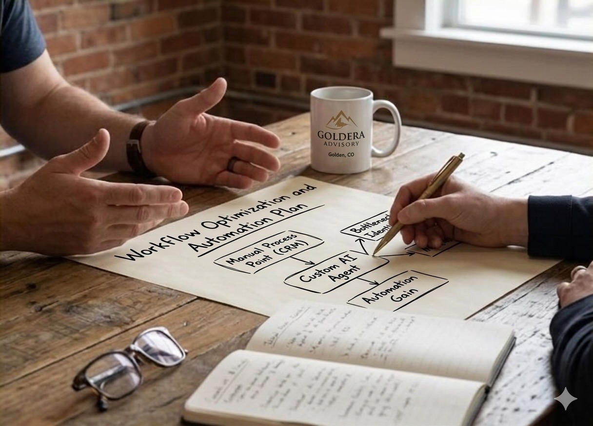 A GoldEra team session — workflow optimization and automation plan sketched on butcher paper